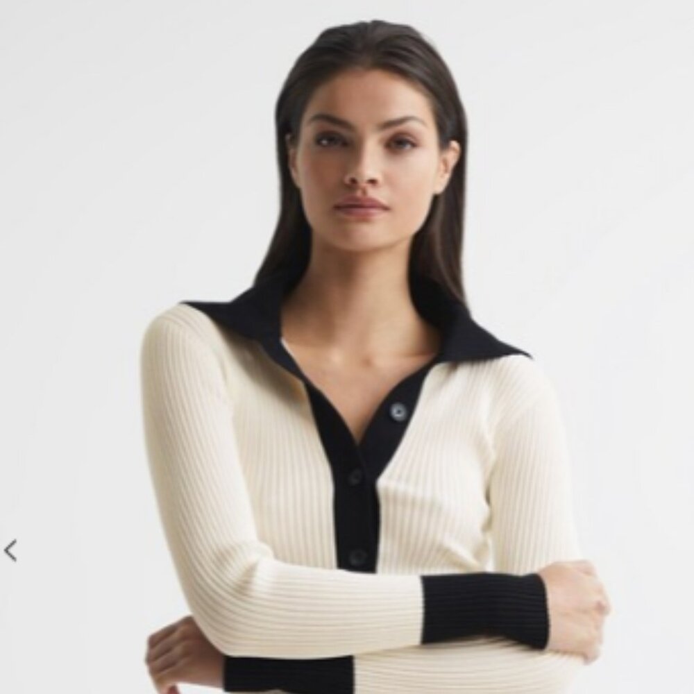 Reiss Maia Button Collar Jumper Top in Cream/Black